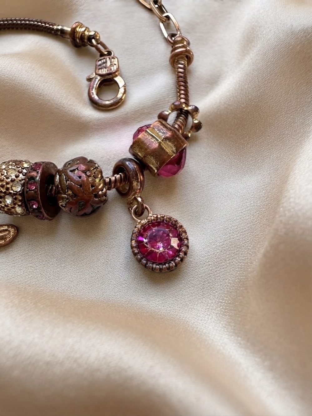 Vintage Bronze Charm Bracelet with Hot Pink Rhinestones & Charms - Picture 2 of 4